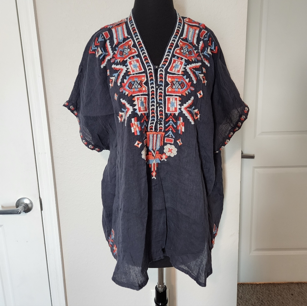Johnny Was Black Top with Red and White Embroidery